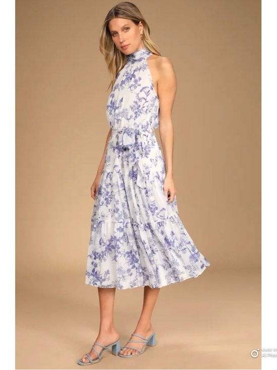 Lulus Dresses & Skirts - Lulus Small Float To You White & Blue Floral Print Halter Tiered Midi Dress NWT